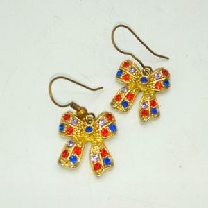 Gold Tone Bow Dangle Earrings with Red, Blue, and Lavender Rhinestones Vintage